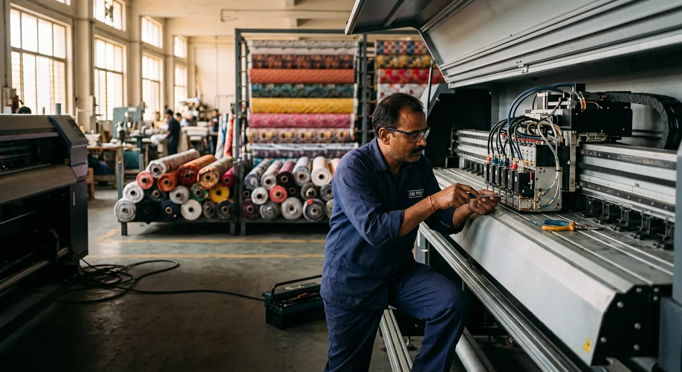 Surat ki factory mein technician digital printing machine repair kar raha hai